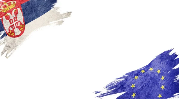 Zászló Szerbia és Európa Unió fehér háttér — Stock Fotó
